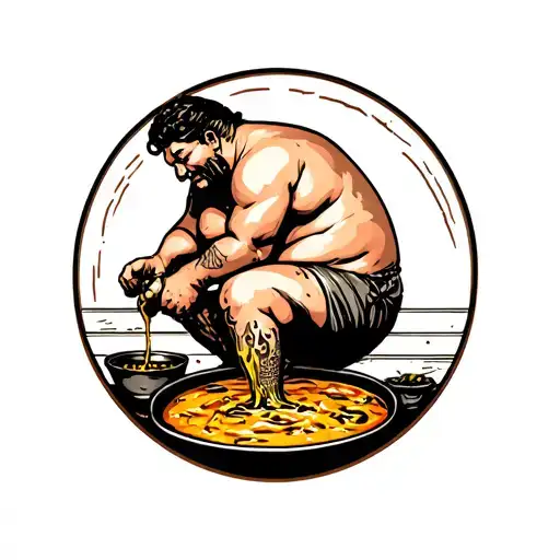 Fat Man Dipping His Oily Leg In Soup