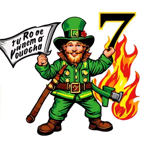 Cartoon Leprechaun Firefighter With Fire Maltese Cross Number 7