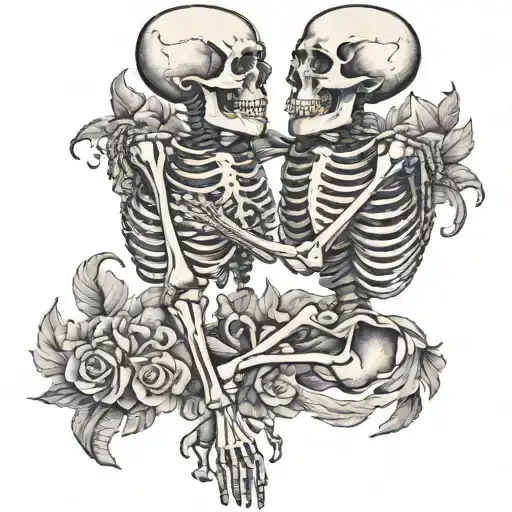 Two Full Body Skeletons Embracing Each Other With Love At The Beach