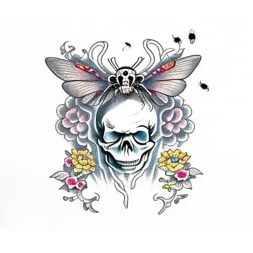 Skull With Flowers And Moth And Centipede Coming Of Out Skyll
