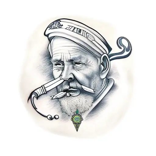 A Realistic Portrait Of A Wise Old Sailor With Astrological Symbols Incorporated