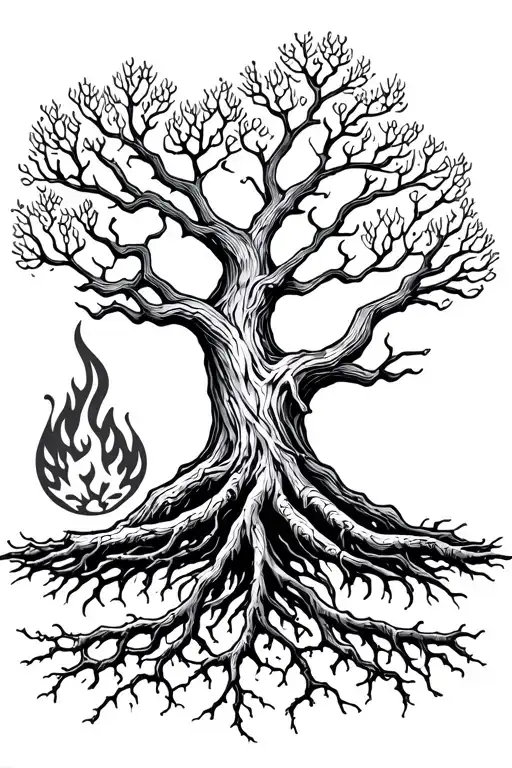 Yggdrasil Tree With Big Beautiful Branches And Interwoven Roots On Fire