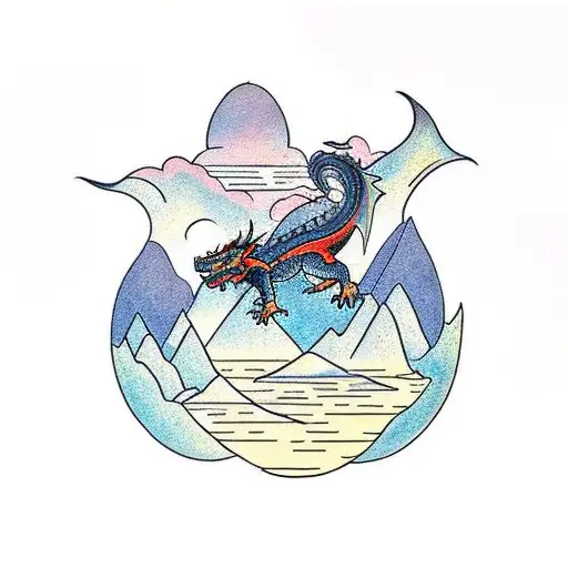 A Traditional-style Tattoo Of A Dragon Flying Over A Rocky Mountain Landscape