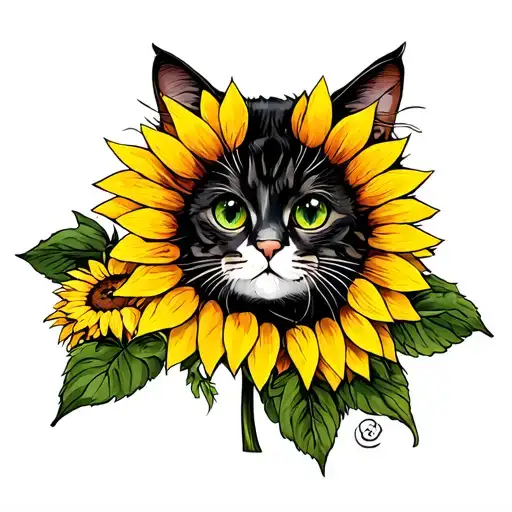 Sunflowers And Cat