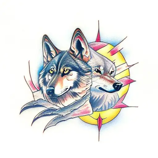 Tree With Two Wolves And Two Flying Ravens