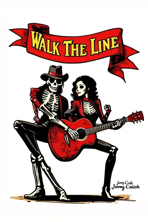 Jonny Cash As Skeleton With Woman And Banner Saying 'Walk The Line'
