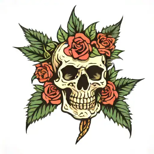 Skull And Roses With Marijuana Leaf In The Shape