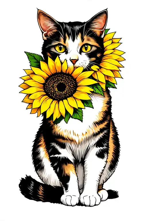 Sunflowers And Cat