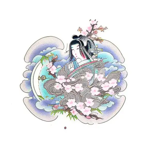 A Traditional Japanese Moon Goddess With Cherry Blossoms