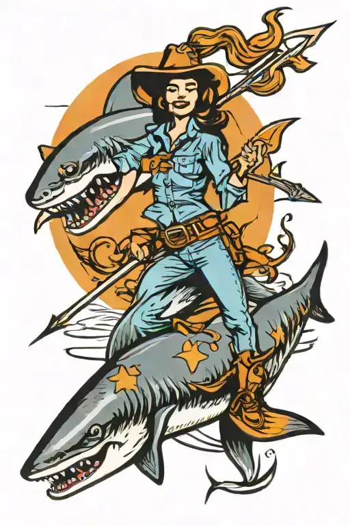 Cowgirl Holding A Trident Riding A Shark Jumping