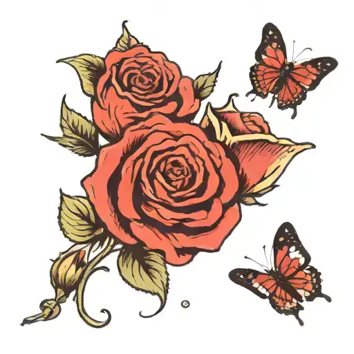 Rose And Poppy Joined By A Butterfly