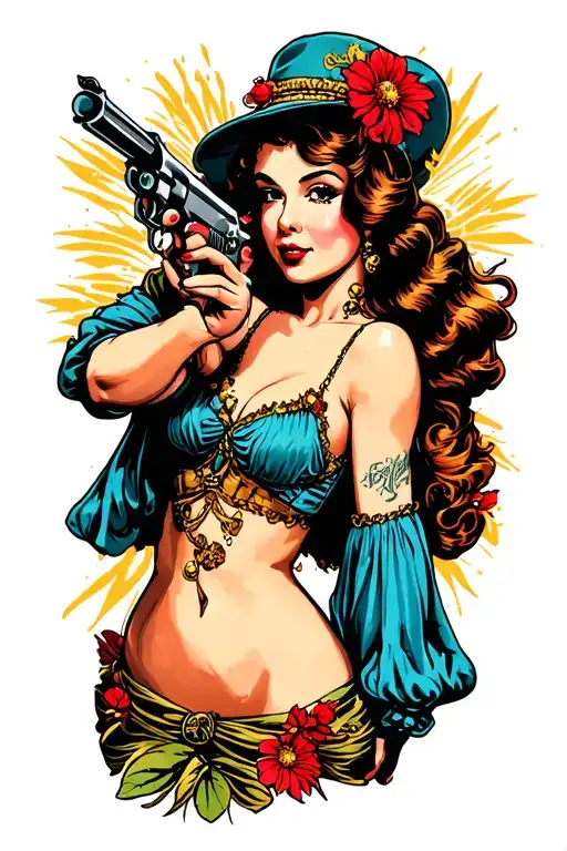 Pin Up Girl Standing Up Shooting Pistol With Bith Arms