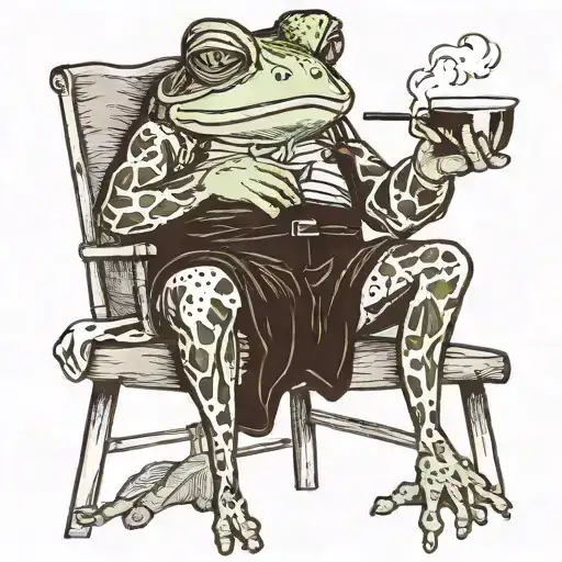 A Frog Sitting On A Stool Wearing Blue Shorts Smoking A Pipe And Drinking Coffee