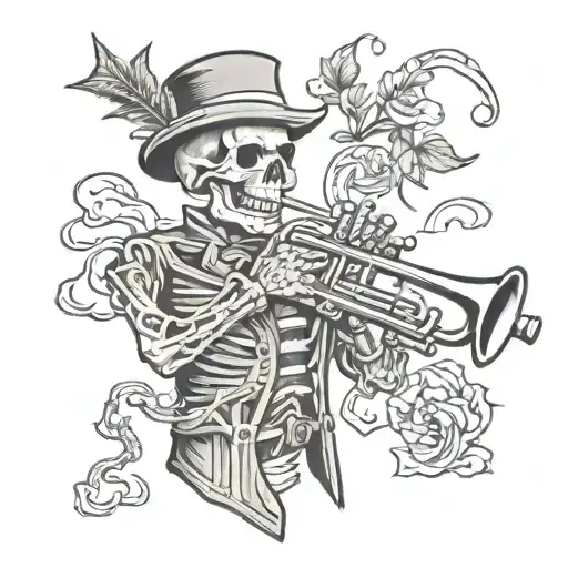 Skeleton Moriachi Musician Trumpet Tattoo Scetch