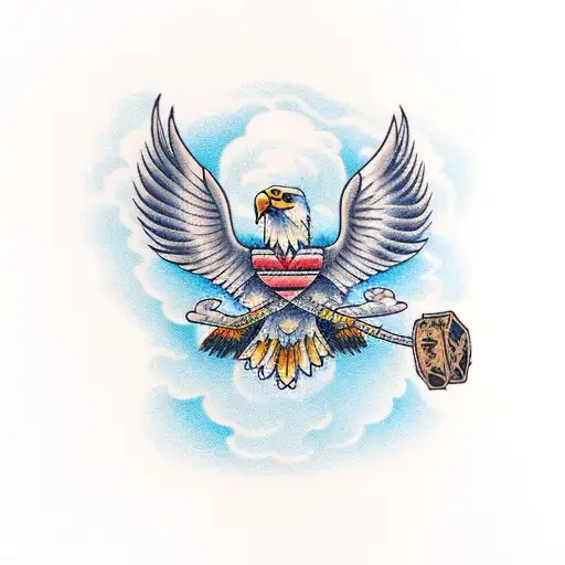 Full Body Sitting Eagle With Cloud Around Connecting Words