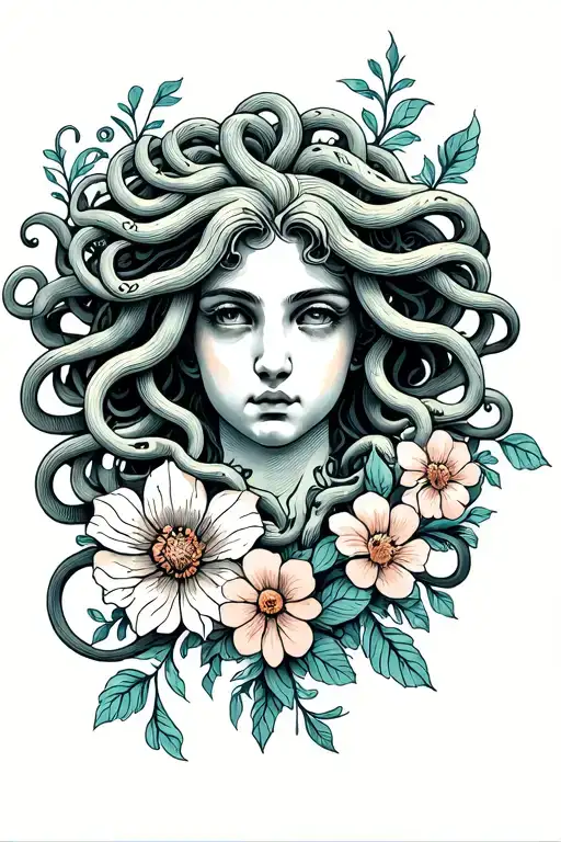 Medusa Head With Traditional Flowers Intertwined