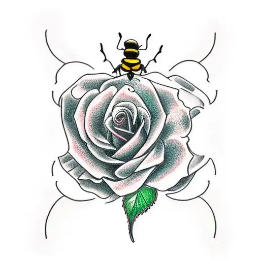 Red Rose With Green Butterfly And Bumblebee