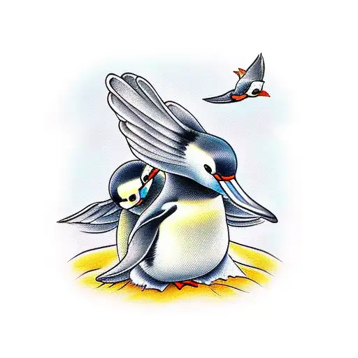 Baby Bird Sitting On Baby Penguins Beak