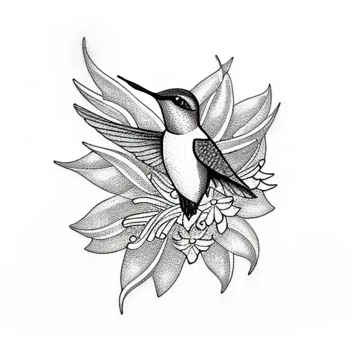 A Blackwork Tattoo Of A Hummingbird Hovering Over A Cluster Of Ixora Coccinea Flowers