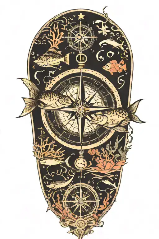 Compass With Ocean Reatures Including Tropical Fish And Coral Reefs