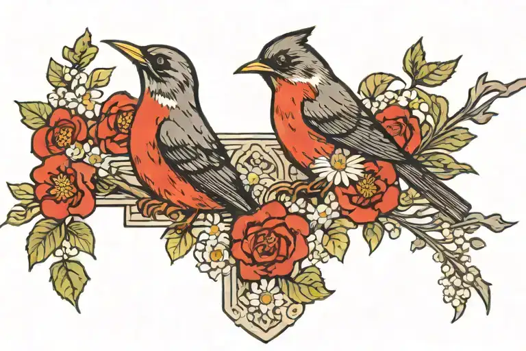 Red Robin On Cross With Flowers