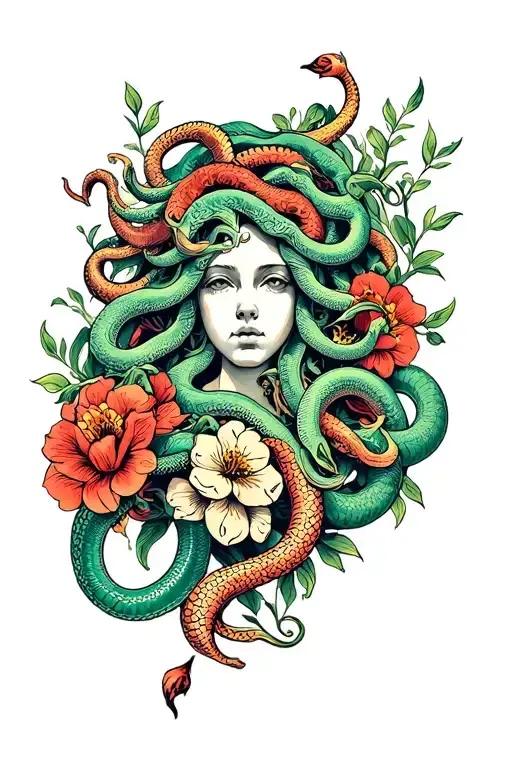 American Traditional Medusa Head With Snakes And Traditional Flowers Intertwined