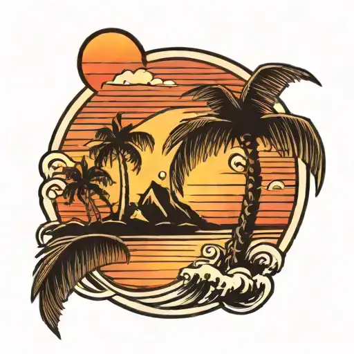 A Traditional Style Tattoo Of A Beach Sunset With Palm Trees And Waves Crashing On The Shore