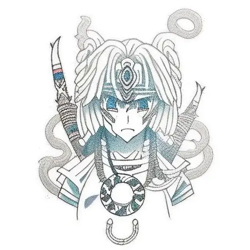 A Traditional Style Tattoo Of A Tribal-inspired Anime Character Surrounded By Pokemon