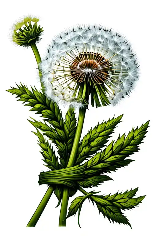 One Dandelion Flower With One Blade Of Grass Wrapped Around Dandelion Stem