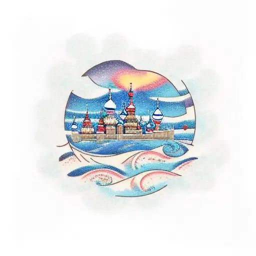 A Traditional-style Tattoo Of The Moscow Skyline With Musical Notes Forming The Waves Of The Ocean