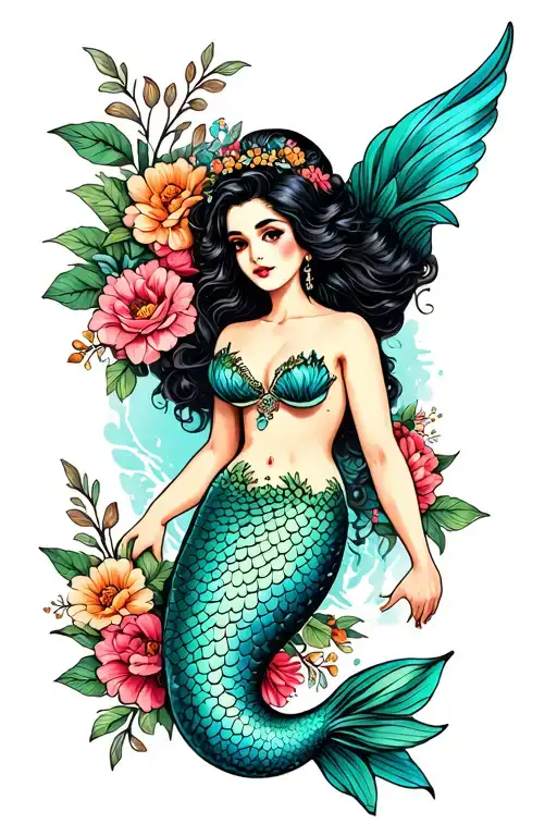 Mermaid Pinup Girl With Flowers