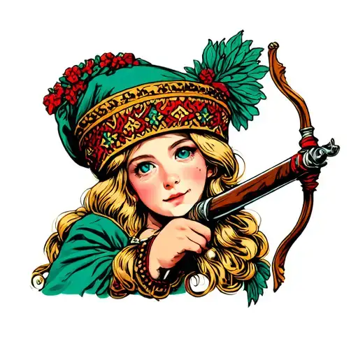 Color Old School In Slavic Theme Girl Blonde With Blue Eyes Shoots From A Bow In A Kokoshnik