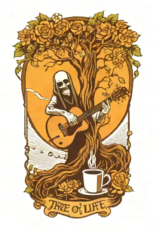 Tree Of Life Growing From Electric Guitar With Grim Reaper Drinking A Coffee