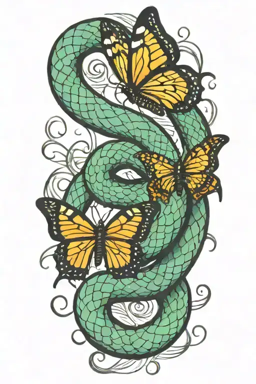Snake Wrapped And Butterfly Flying