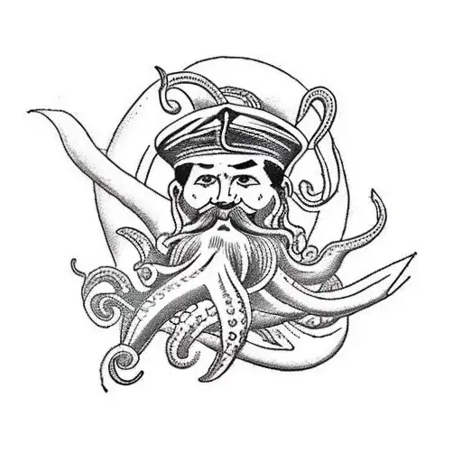 A Traditional Style Tattoo Of A Sailor Navigating Through Stormy Seas With An Octopus As His Guide