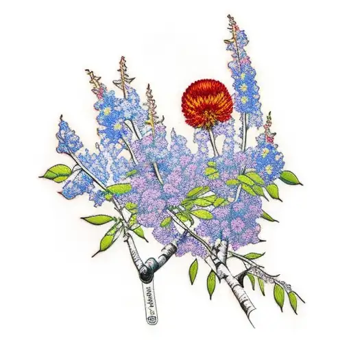Birch Tree Over Larkspur And Chrysanthemum