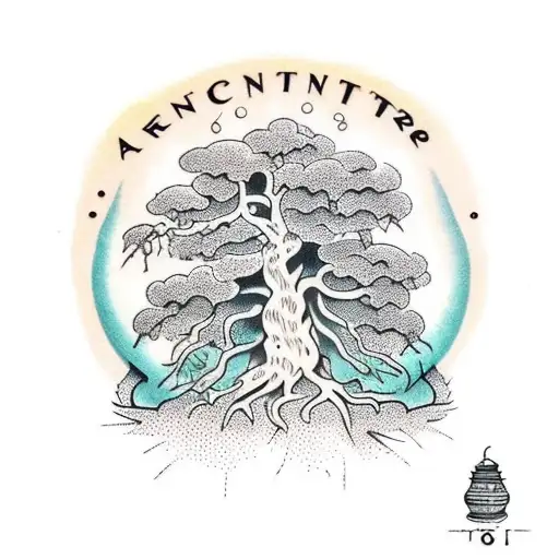 Ancient Tree With Lanterns And Roots