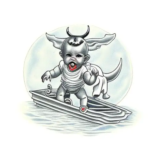 Sad Devil Baby In A Chariot Getting Pulled By 2 Goldfish