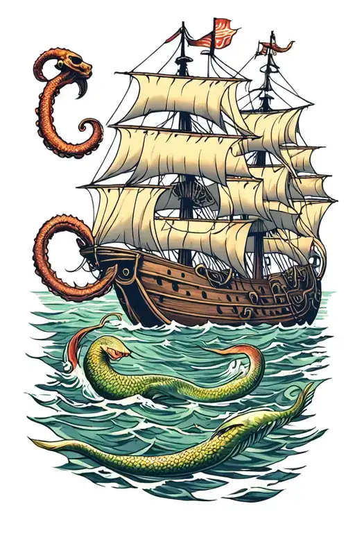 Old School Sailors Pirates Kraken Sea Ships Mermaids Swimming