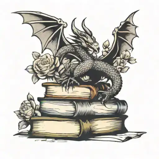 A Minimalist Tattoo Of A Dragon Perched On Top Of A Stack Of Books With Flowers