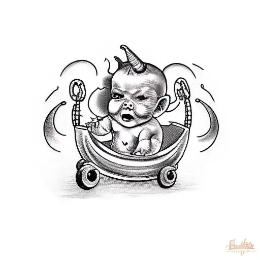 Sad Devil Baby In A Chariot Getting Pulled By Goldfish