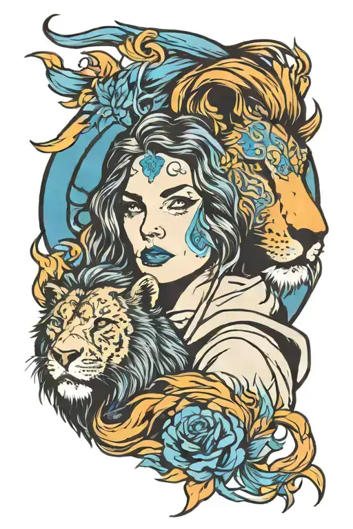 Lion Surrounding A Girl Wearing A Hoodie That Covers Her Face And She Is Holding A Blue Flame