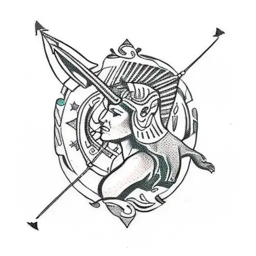 A Traditional-style Tattoo Featuring A Sagittarius Archer Woman Holding An Otter Instead Of A Bow