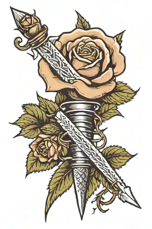 Rose Ensnared With A Dagger Wrapped With Barbed Wire