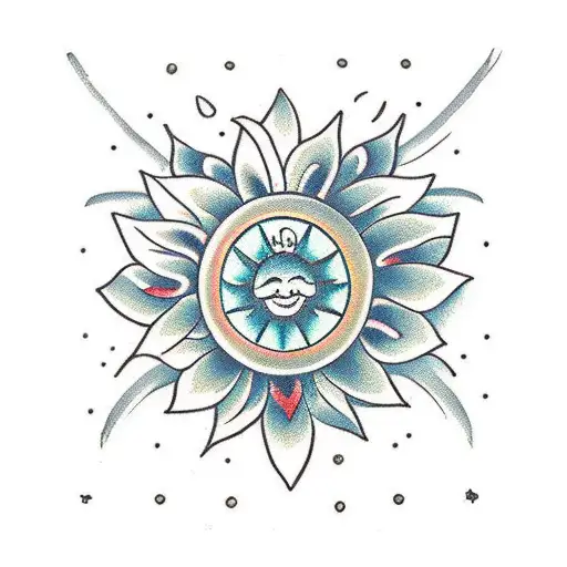 A Traditional-style Tattoo Featuring Your Children's Birth Month Flowers And A Shining Sun