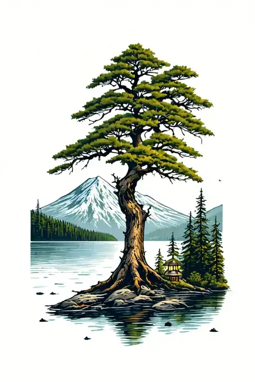 Madrone Tree Over A Lake Surrounded By Mount Rainer Inside A Lantern