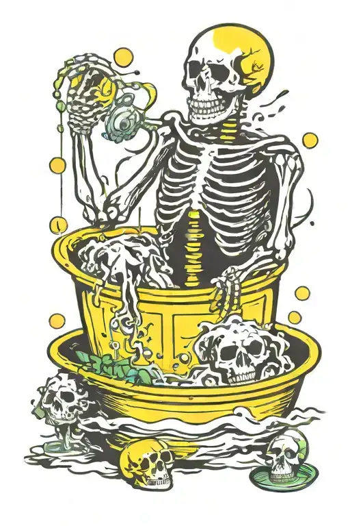 Skeleton Taking A Bath In A Yellow Barrel Full Of Green Radioactive Chemicals