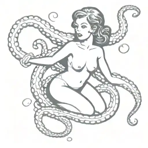 Octopus Attacking Pin-up Girl Sitting In Tentacles