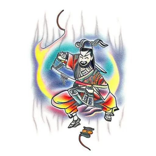 Samurai In Sunset Under Waterfall