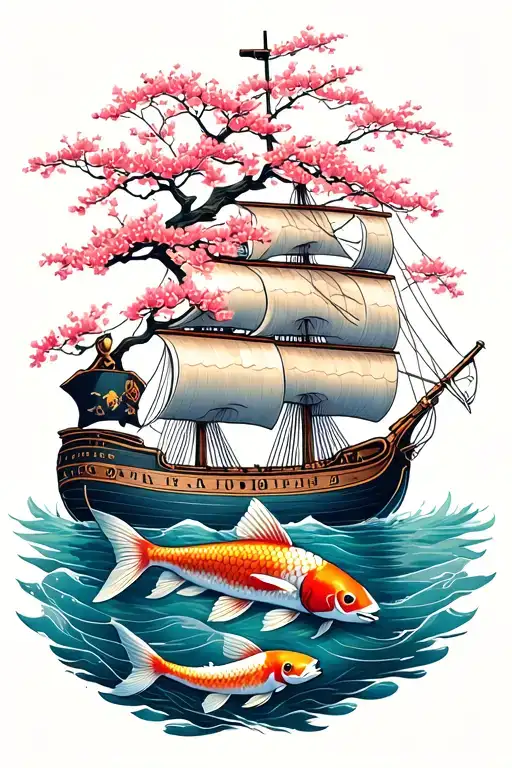 Sakura Tree And Piratee Ship With Koi Fish Swimming